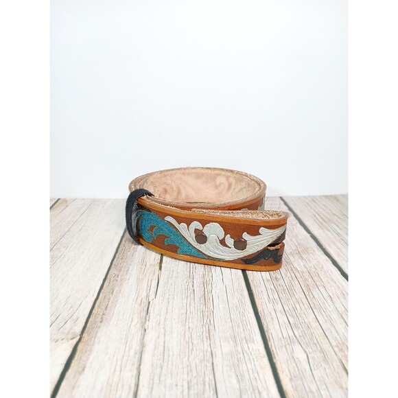 Roris Painted Beltz Hand Painted Black and Blue Leather Belt No Buckle 35\